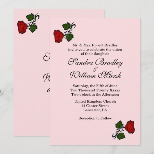Red Rose Pink Wedding Invitation Kaart (Voorkant / Achterkant)