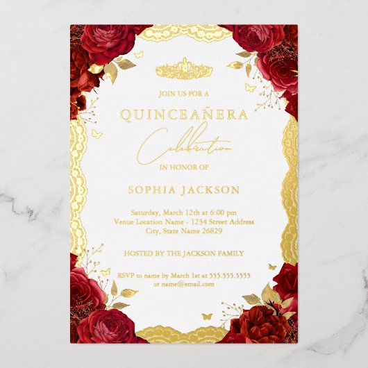 Red Rose Quinceanera Gold Lace Birthday Folie Uitnodiging (Voorkant)