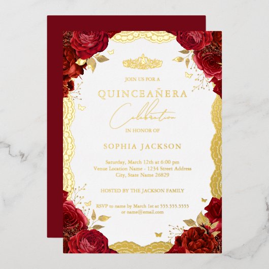 Red Rose Quinceanera Gold Lace Birthday Folie Uitnodiging (Voorkant / Achterkant)