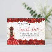 Red Rose Quinceañera Save the Date Card (Debout devant)