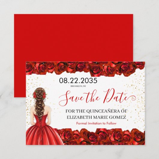Red Rose Quinceañera Save the Date Card (Devant / Derrière)
