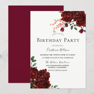 Red Rose Romantic Floral All Ages Birthday Party Kaart