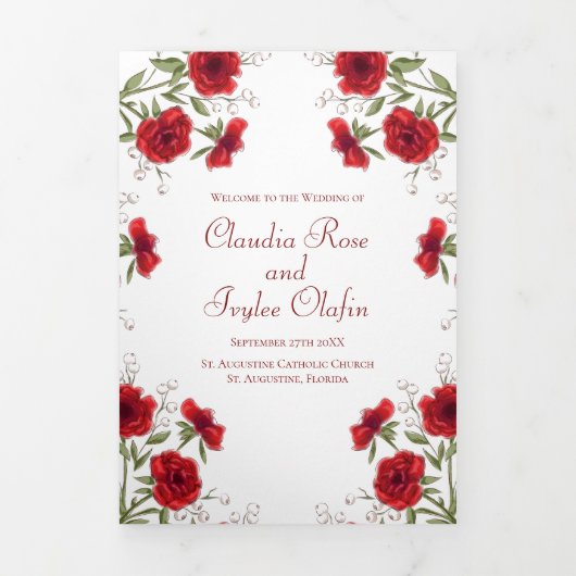 Red Rose Romantic Wedding Programs Drieluik Programma (Cover)