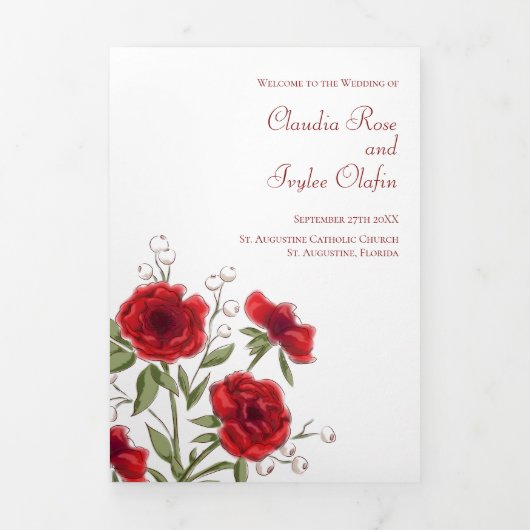Red Rose Romantic Wedding Programs Drieluik Programma (Cover)