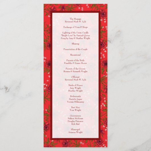 Red Rose Romantic Wedding Programs Menu (Achterkant)