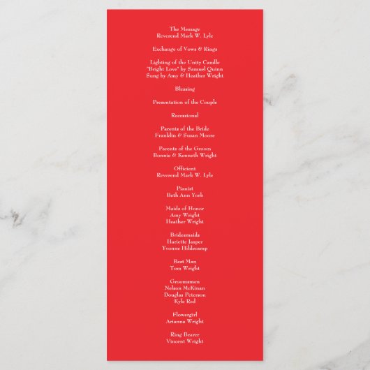 Red Rose Romantic Wedding Programs Menu (Achterkant)