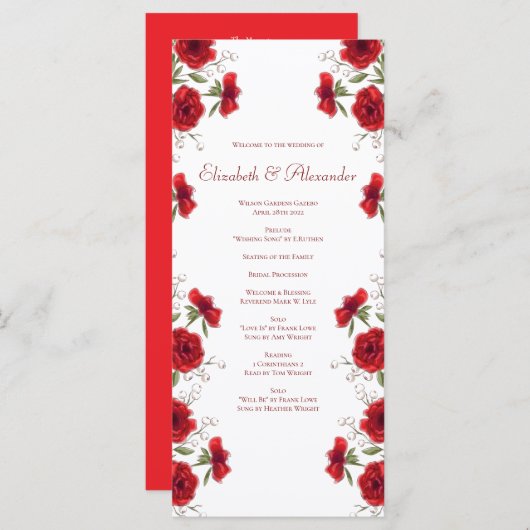 Red Rose Romantic Wedding Programs Menu (Voorkant / Achterkant)