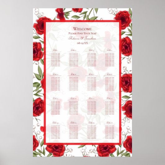 Red Rose Romantic Wedding Seating Chart Poster (Voorkant)
