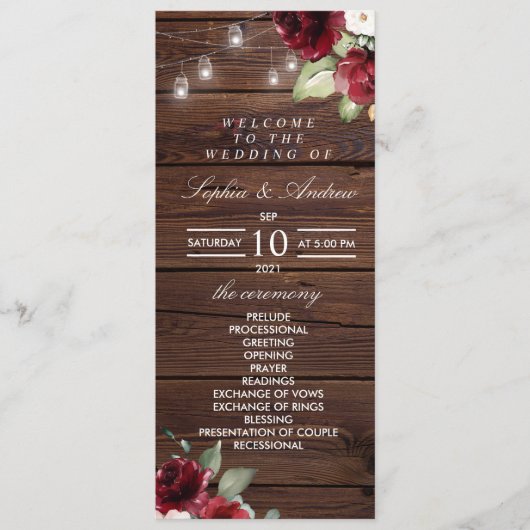 Red Rose Rustic Wood Wedding Programs Programma (Voorkant)