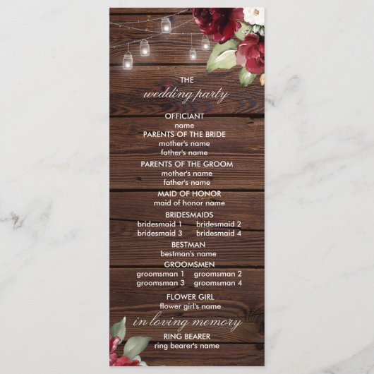 Red Rose Rustic Wood Wedding Programs Programma (Achterkant)