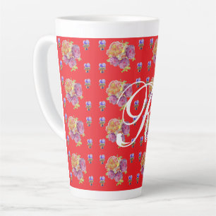 Red Rose Shabby Chic Roos Pattern Initiaal Latte Mok
