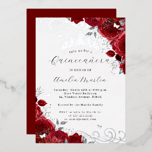 Red Rose Silver Floral Swirl Quinceanera Folie Uitnodiging
