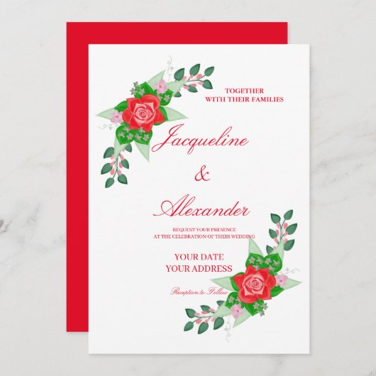 Red Rose Simple Mariage Thème Invitation (Devant / Derrière)