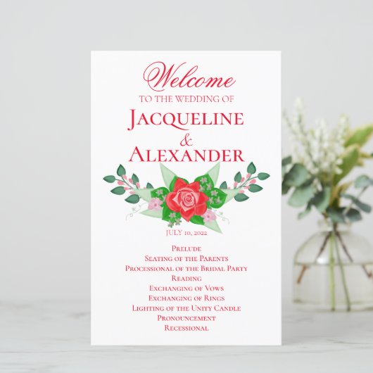 Red Rose Simple Wedding Theme Program Paper — Blad (Staand voorkant)