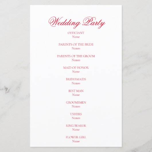 Red Rose Simple Wedding Theme Program Paper — Blad (Achterkant)
