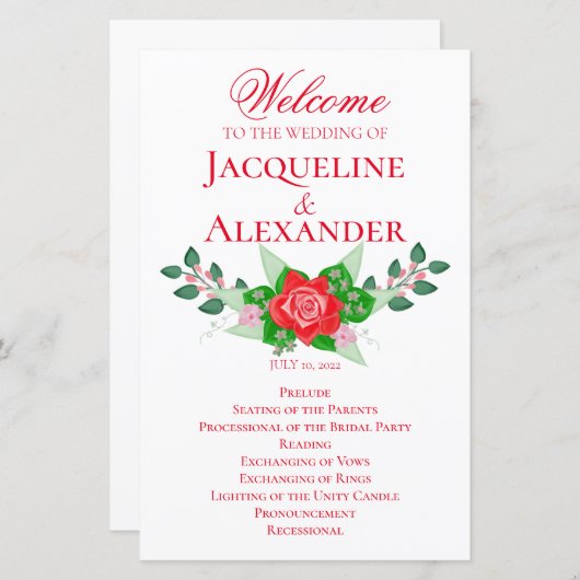 Red Rose Simple Wedding Theme Program Paper — Blad (Voorkant / Achterkant)