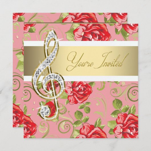 Red Rose Treble Clef Considérant Invitation (Devant / Derrière)