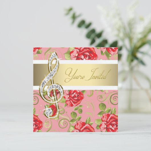 Red Rose Treble Clef Considérant Invitation (Debout devant)