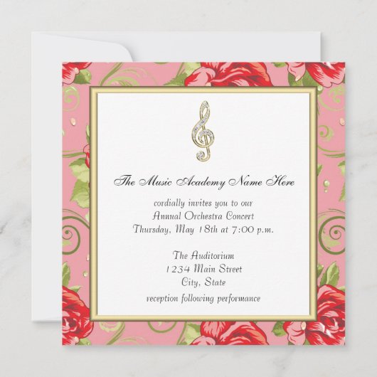 Red Rose Treble Clef Considérant Invitation (Dos)