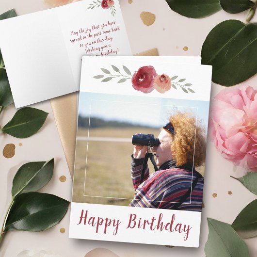 Red Rose Waterverf Birthday Foto Floral Kaart