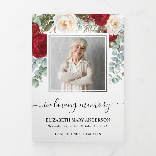 Red Rose Waterverf Floral Memorial Funeral Drieluik Programma (Cover)