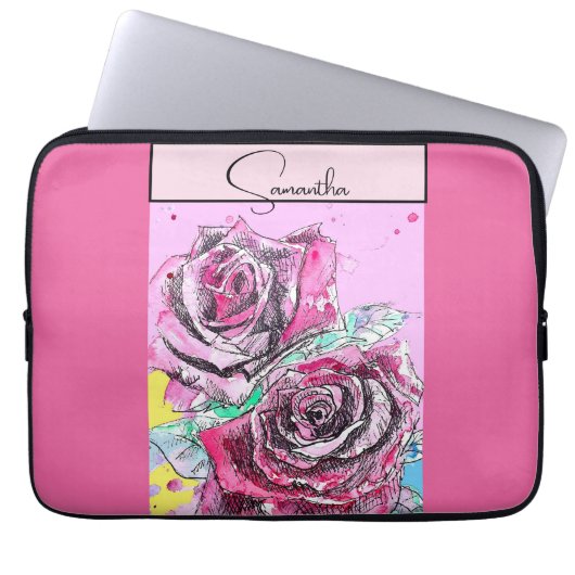 Red Rose Waterverf Rozen Roze iPad Smart Hoesje Laptop Sleeve (Voorkant)