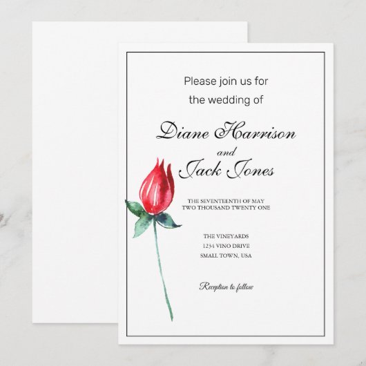 Red Rose Waterverf Stem bruiloft uitnodigingen (Voorkant / Achterkant)