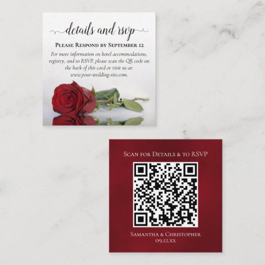 Red Rose Wedding Details & RSVP Online QR-code Informatiekaartje (Voorkant / Achterkant)
