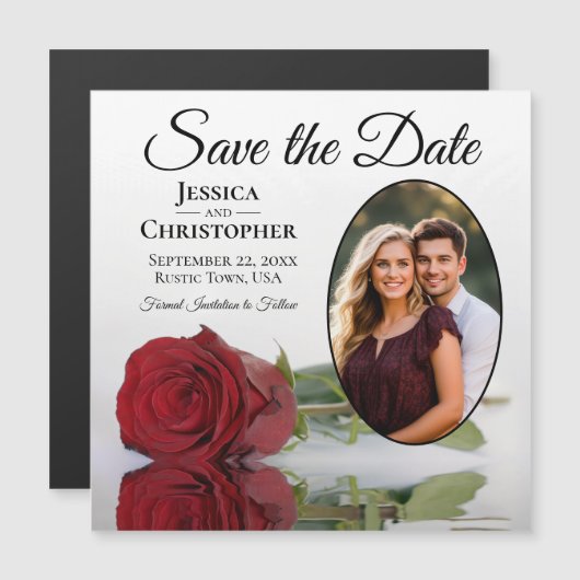 Red Rose Wedding Save the Date Oval Photo Magnet (Voorkant / Achterkant)