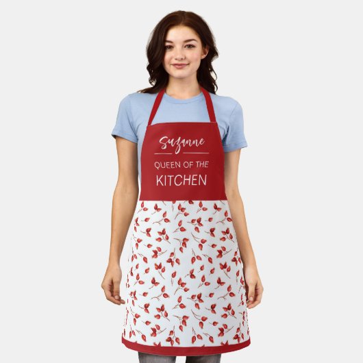 Red Rosehips Berries Pattern Modern Script Name. Schort (Gedragen)