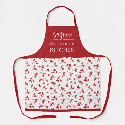 Red Rosehips Berries Pattern Modern Script Name. Schort (Voorkant)
