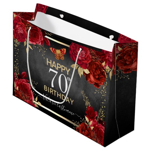 Red Roses 70th Birthday Large Gift Bag Groot Cadeauzakje (Voorkant Gekanteld)