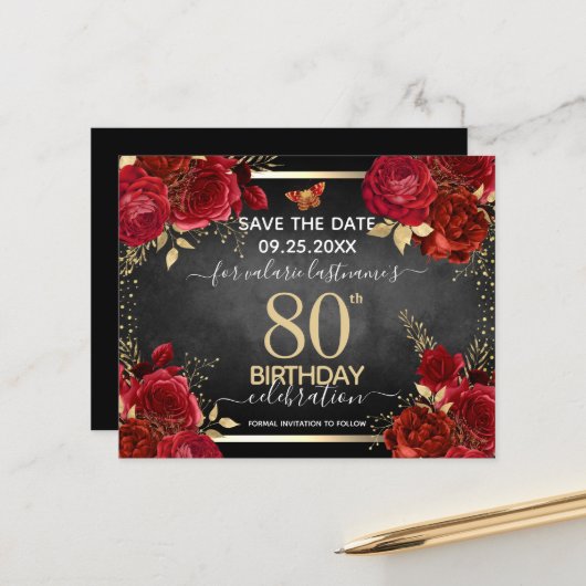 Red Roses 80th Birthday Save the Date Budget (Voorkant / Achterkant in situ)