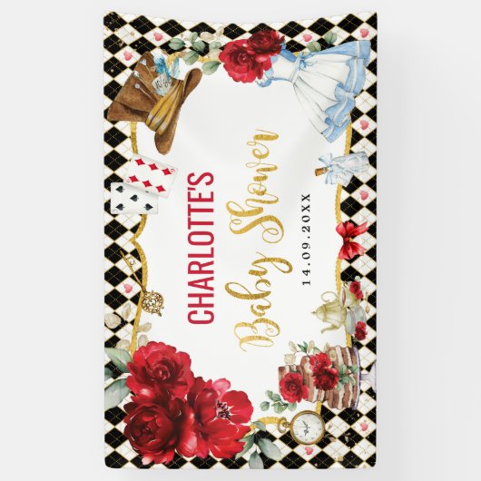 Red Roses Alice in Wonderland Baby shower Backdrop Spandoek (Verticaal)