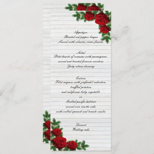 Red Roses and Pine Branch Christmas Wedding Menu (Devant / Derrière)