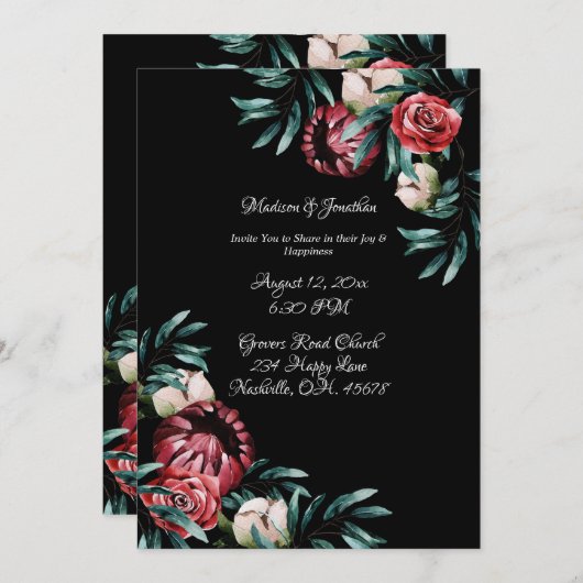 Red Roses Black Background Elegant Script Wedding Kaart (Voorkant / Achterkant)