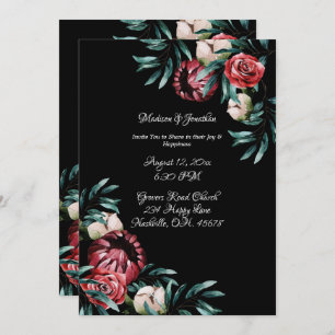 Red Roses Black Background Elegant Script Wedding Kaart