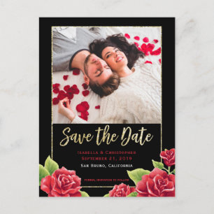 Red Roses Black & Gold Glitter Save the Date Photo Aankondigingskaart
