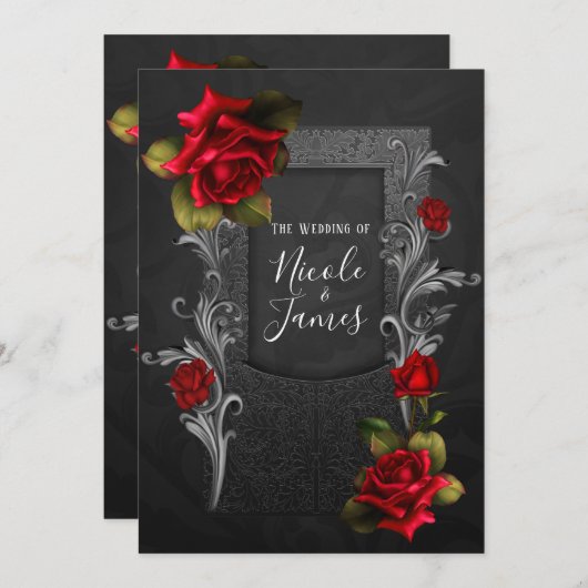 Red Roses Black  Gothic Wedding Kaart (Voorkant / Achterkant)