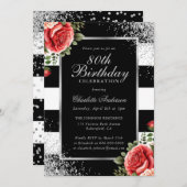 Red Roses Black Silver Confetti 80e verjaardag Kaart (Voorkant / Achterkant)