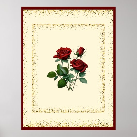 Red Roses boeket omlijst met gouden Stippen Canvas Poster (Voorkant)