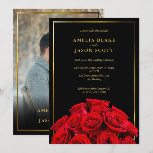 Red Roses boeket Zwart Goud Lijst Fotobruiloft Kaart