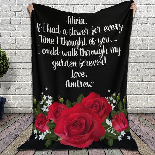 Red Roses Bouquet Custom Love Note Fleece Deken