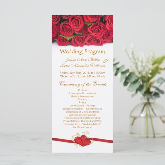 Red roses & coeurs Programme de mariage Carte rack (Debout devant)
