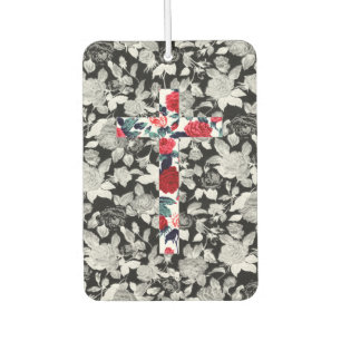Red Roses Cross & Black and White Floral Pattern Luchtverfrisser