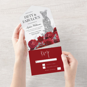 Red Roses Diamond Gown Dress 50th Birthday Party All In One Uitnodiging