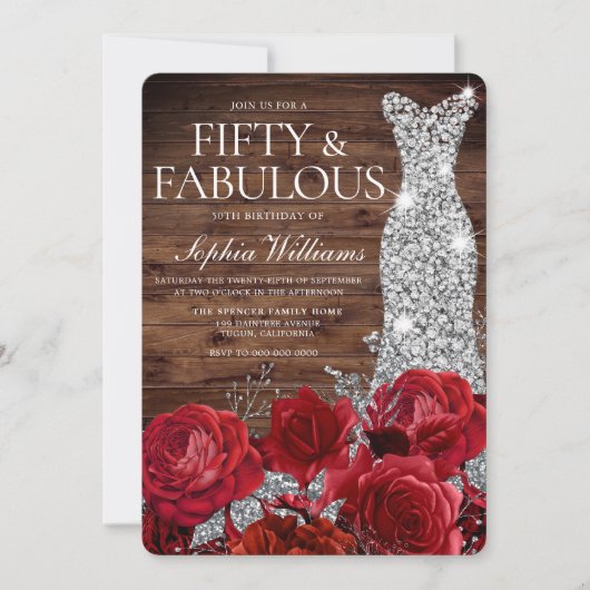 Red Roses Diamond Gown Rustic 50th Birthday Kaart (Voorkant)