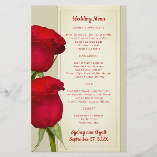 Red Roses Elegant Wedding Menu Sjabloon (Voorkant)