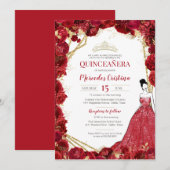 Red Roses en Gold Quinceanera Kaart (Voorkant / Achterkant)