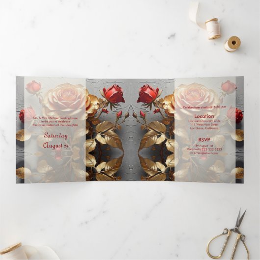 Red Roses et Gold Sweet 16 Party Invitation (Intérieur)